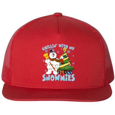 Frosty Snowman Chillin With My Snowmies Frosty Snowman Christmas Tree Flat Bill Trucker Hat