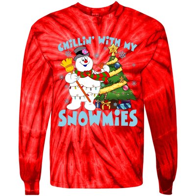 Frosty Snowman Chillin With My Snowmies Frosty Snowman Christmas Tree Tie-Dye Long Sleeve Shirt