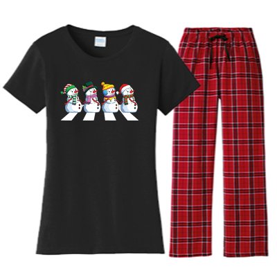 Funny Snowman Crossing Road Crosswalk Snowmies Christmas Kids Women's Flannel Pajama Set