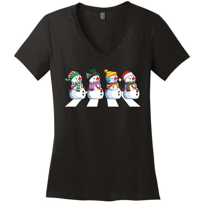 Funny Snowman Crossing Road Crosswalk Snowmies Christmas Kids Women's V-Neck T-Shirt