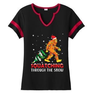 Funny Sasquatch Christmas Squatching Bigfoot Xmas Tree Light Ladies Halftime Notch Neck Tee