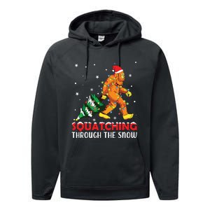 Funny Sasquatch Christmas Squatching Bigfoot Xmas Tree Light Performance Fleece Hoodie