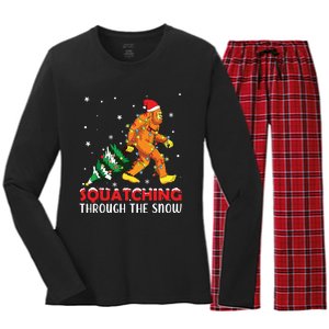 Funny Sasquatch Christmas Squatching Bigfoot Xmas Tree Light Women's Long Sleeve Flannel Pajama Set 