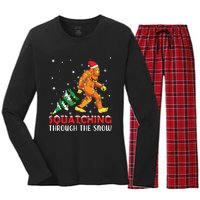 Funny Sasquatch Christmas Squatching Bigfoot Xmas Tree Light Women's Long Sleeve Flannel Pajama Set 