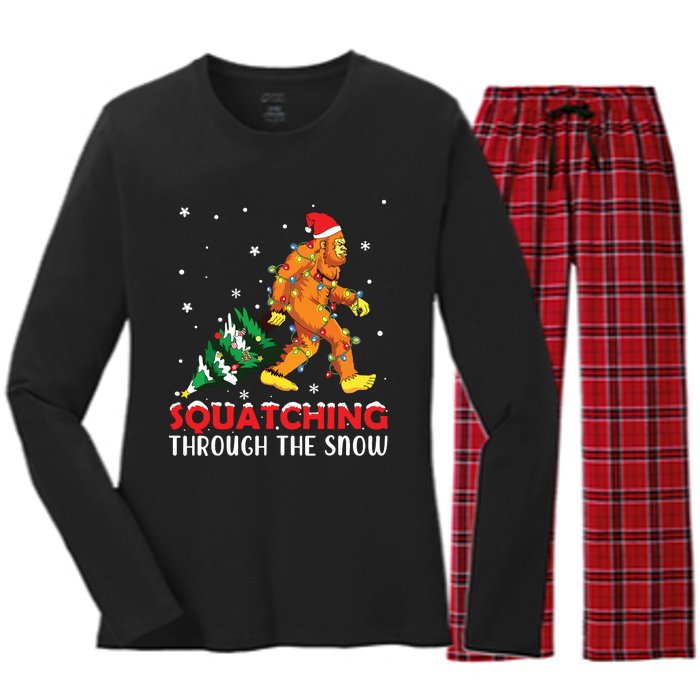 Funny Sasquatch Christmas Squatching Bigfoot Xmas Tree Light Women's Long Sleeve Flannel Pajama Set 