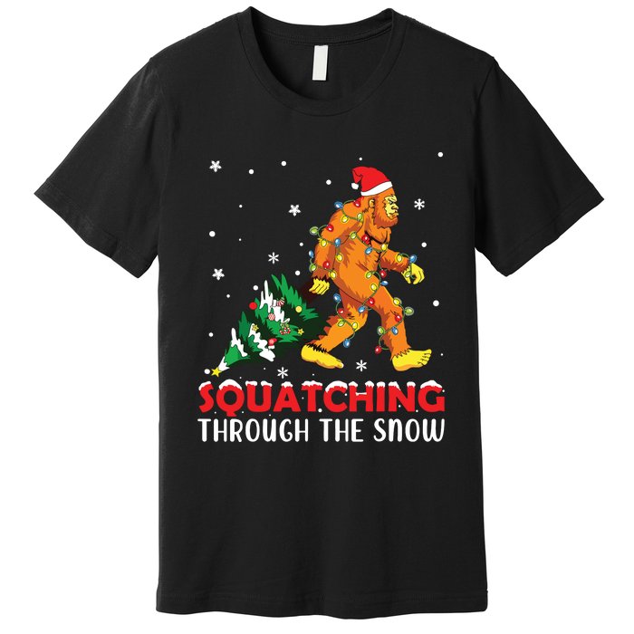 Funny Sasquatch Christmas Squatching Bigfoot Xmas Tree Light Premium T-Shirt