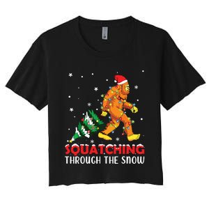 Funny Sasquatch Christmas Squatching Bigfoot Xmas Tree Light Women's Crop Top Tee