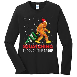 Funny Sasquatch Christmas Squatching Bigfoot Xmas Tree Light Ladies Long Sleeve Shirt