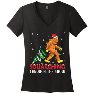 Funny Sasquatch Christmas Squatching Bigfoot Xmas Tree Light Women's V-Neck T-Shirt