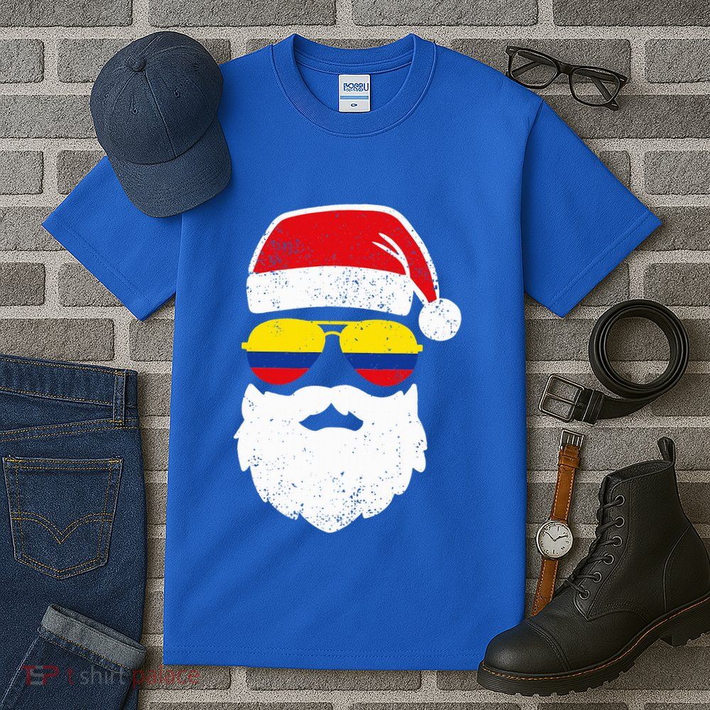 Funny Santa Claus Face Sunglasses Colombia Flag Colombian  Tall T-Shirt
