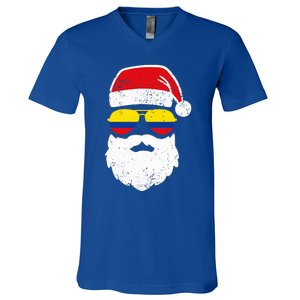 Funny Santa Claus Face Sunglasses Colombia Flag Colombian  V-Neck T-Shirt