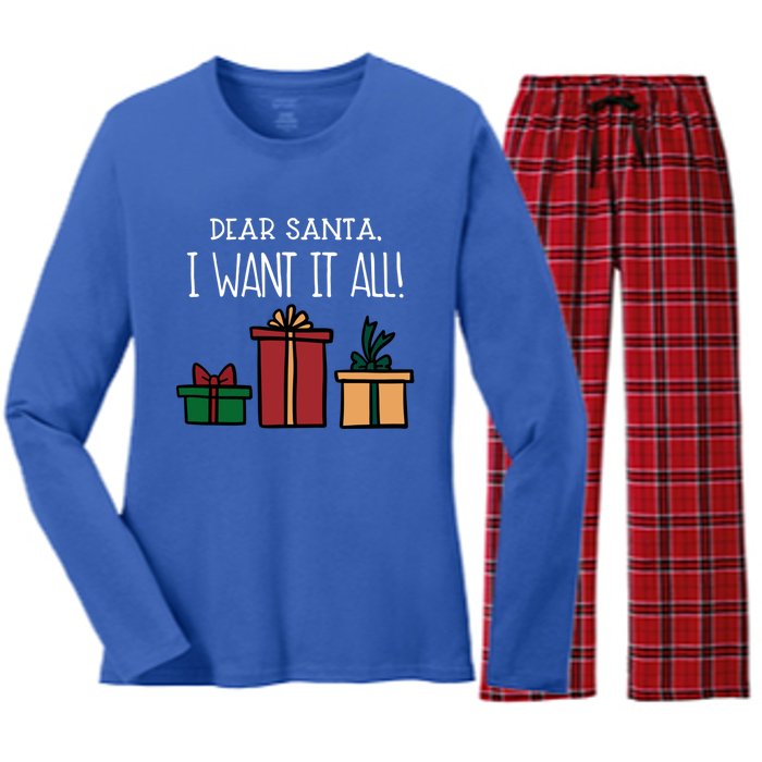 Funny Santa Christmas Holiday Gift Dear Santa I Want It All Cute Gift Women's Long Sleeve Flannel Pajama Set 