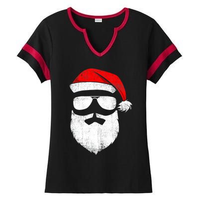 Funny Santa Claus Face Sunglasses with Hat Beard Christmas Ladies Halftime Notch Neck Tee