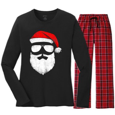 Funny Santa Claus Face Sunglasses with Hat Beard Christmas Women's Long Sleeve Flannel Pajama Set 