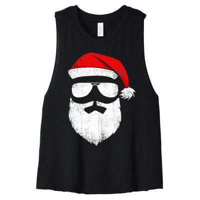 Funny Santa Claus Face Sunglasses with Hat Beard Christmas Women's Racerback Cropped Tank