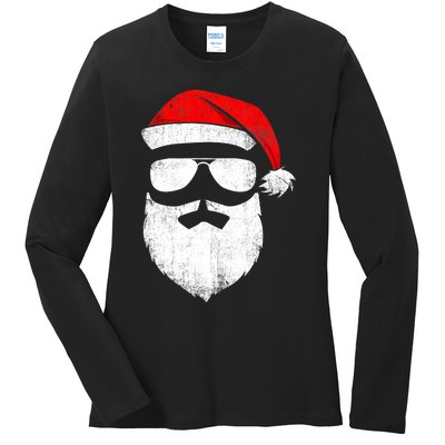 Funny Santa Claus Face Sunglasses with Hat Beard Christmas Ladies Long Sleeve Shirt