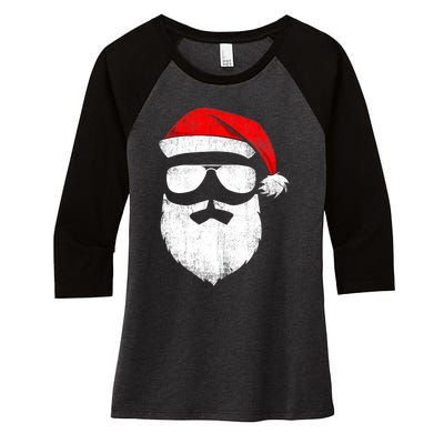 Funny Santa Claus Face Sunglasses with Hat Beard Christmas Women's Tri-Blend 3/4-Sleeve Raglan Shirt