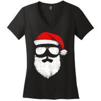 Funny Santa Claus Face Sunglasses with Hat Beard Christmas Women's V-Neck T-Shirt