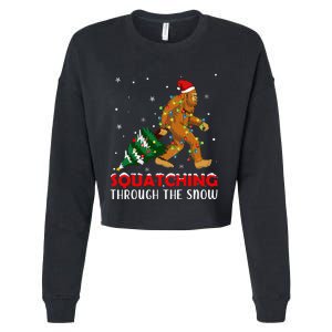 Funny Sasquatch Christmas Squatching Bigfoot Xmas Tree Light Cropped Pullover Crew