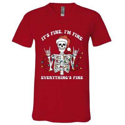 Funny Skeleton Christmas Lights I'm Fine Everything Is Fine V-Neck T-Shirt