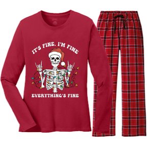 Funny Skeleton Christmas Lights I'm Fine Everything Is Fine Women's Long Sleeve Flannel Pajama Set 