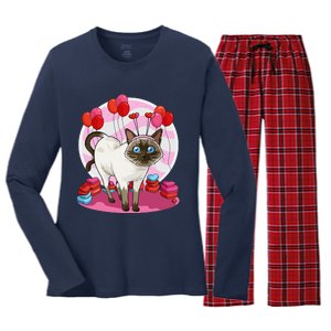 Funny Siamese Cat Heart Valentine Day Gift Women's Long Sleeve Flannel Pajama Set 