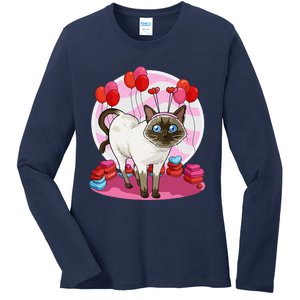 Funny Siamese Cat Heart Valentine Day Gift Ladies Long Sleeve Shirt