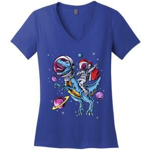 Funny Santa Claus Astronaut Christmas Riding Dinosaur Trex Gift Women's V-Neck T-Shirt