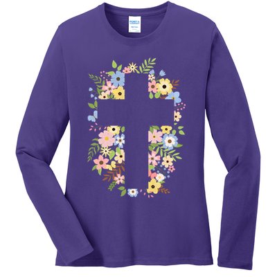 Floral Spring Cross Christianity Ladies Long Sleeve Shirt