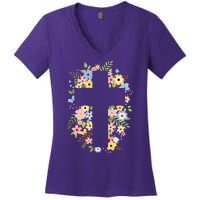 Floral Spring Cross Christianity Women's V-Neck T-Shirt