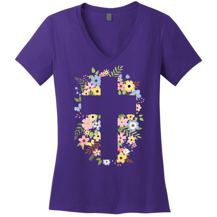 Floral Spring Cross Christianity Women's V-Neck T-Shirt