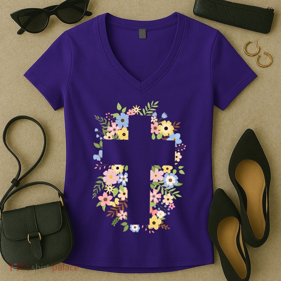 Floral Spring Cross Christianity Women's V-Neck T-Shirt
