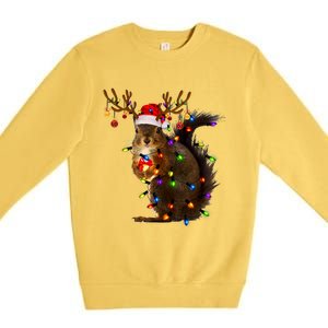 Funny Squirrel Christmas Tree Lights Reindeer Santa Hat Xmas Gift Premium Crewneck Sweatshirt