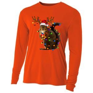 Funny Squirrel Christmas Tree Lights Reindeer Santa Hat Xmas Gift Cooling Performance Long Sleeve Crew