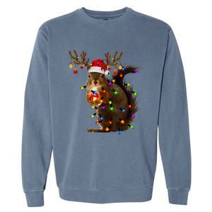 Funny Squirrel Christmas Tree Lights Reindeer Santa Hat Xmas Gift Garment-Dyed Sweatshirt