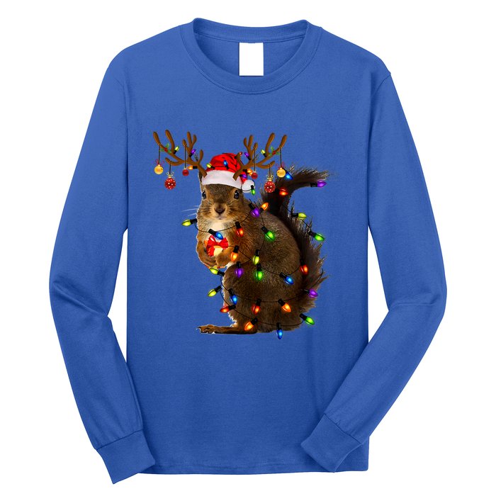 Funny Squirrel Christmas Tree Lights Reindeer Santa Hat Xmas Gift Long Sleeve Shirt