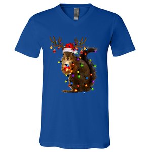 Funny Squirrel Christmas Tree Lights Reindeer Santa Hat Xmas Gift V-Neck T-Shirt