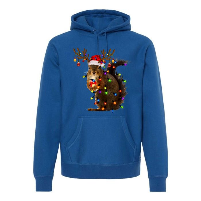 Funny Squirrel Christmas Tree Lights Reindeer Santa Hat Xmas Gift Premium Hoodie