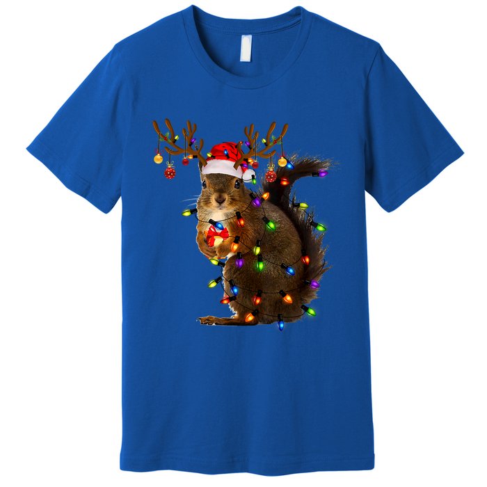 Funny Squirrel Christmas Tree Lights Reindeer Santa Hat Xmas Gift Premium T-Shirt