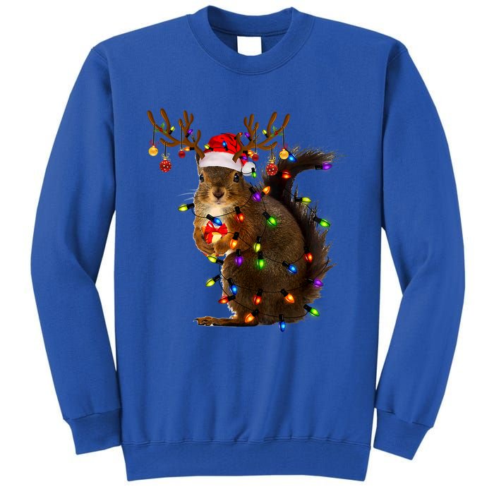 Funny Squirrel Christmas Tree Lights Reindeer Santa Hat Xmas Gift Tall Sweatshirt