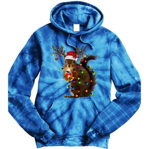 Funny Squirrel Christmas Tree Lights Reindeer Santa Hat Xmas Gift Tie Dye Hoodie