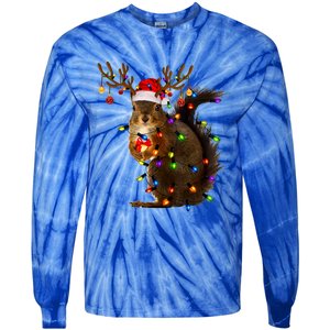 Funny Squirrel Christmas Tree Lights Reindeer Santa Hat Xmas Gift Tie-Dye Long Sleeve Shirt