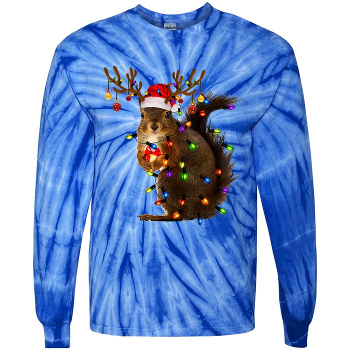 Funny Squirrel Christmas Tree Lights Reindeer Santa Hat Xmas Gift Tie-Dye Long Sleeve Shirt