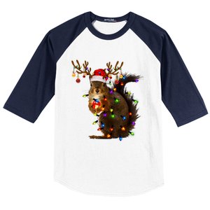 Funny Squirrel Christmas Tree Lights Reindeer Santa Hat Xmas Gift Baseball Sleeve Shirt