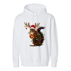 Funny Squirrel Christmas Tree Lights Reindeer Santa Hat Xmas Gift Garment-Dyed Fleece Hoodie