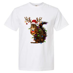 Funny Squirrel Christmas Tree Lights Reindeer Santa Hat Xmas Gift Garment-Dyed Heavyweight T-Shirt