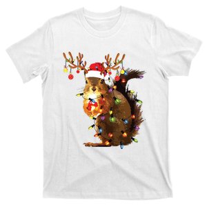 Funny Squirrel Christmas Tree Lights Reindeer Santa Hat Xmas T-Shirt