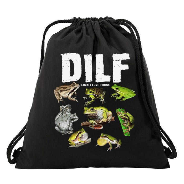 Funny Saying DILF Damn I Love Frogs Animals Drawstring Bag