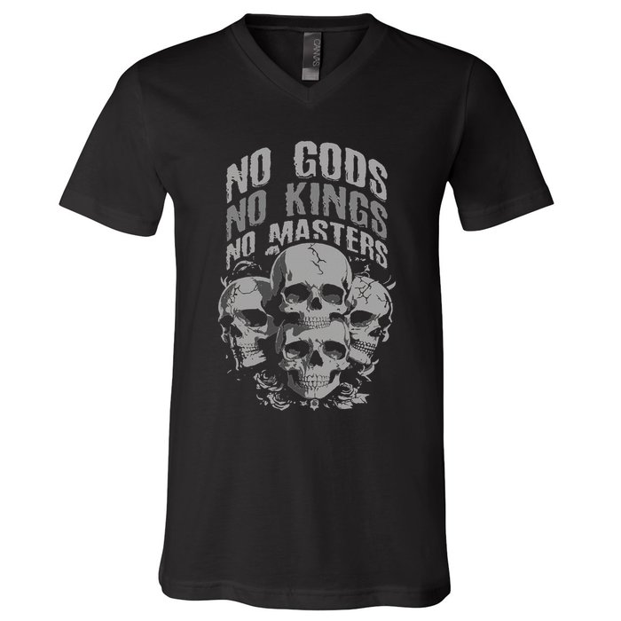 Funny Skull Design No Gods No Kings No V-Neck T-Shirt