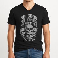 Funny Skull Design No Gods No Kings No V-Neck T-Shirt